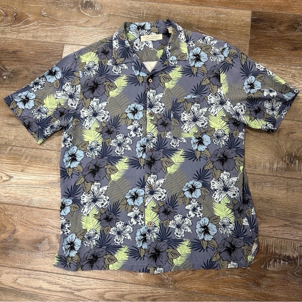 Island Republic Men's Floral Shirt in Blue, Green, and Gray